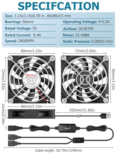 Wathai 2PCS 80mm x 15mm Small USB Cooling Fan 5V 2 in 1 for DIY Cooling | 8015 USB Fan for AV Receiver Flat Panel Xbox DVR PS4 PS5 Router TV Box Computer Cabinet Cooler - size: 80x15mm (5V)
