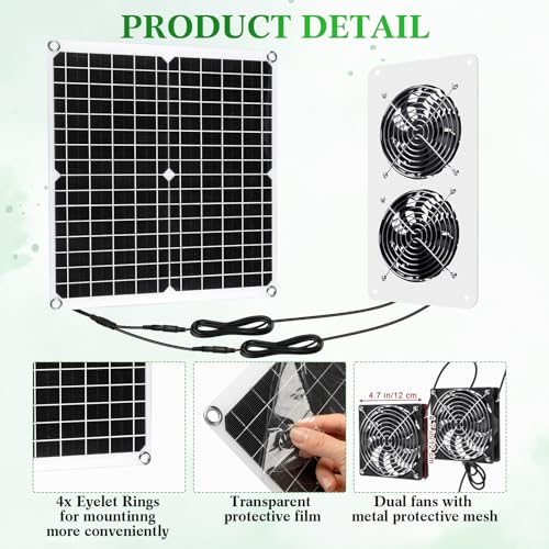 Rossesay 1 Set 25W 12V Solar Powered Fan for Chicken Coop Waterproof Solar Panel Exhaust Fans USB Portable Metal Shell for Shed Greenhouse Outside Air Ventilation Pet Dog House