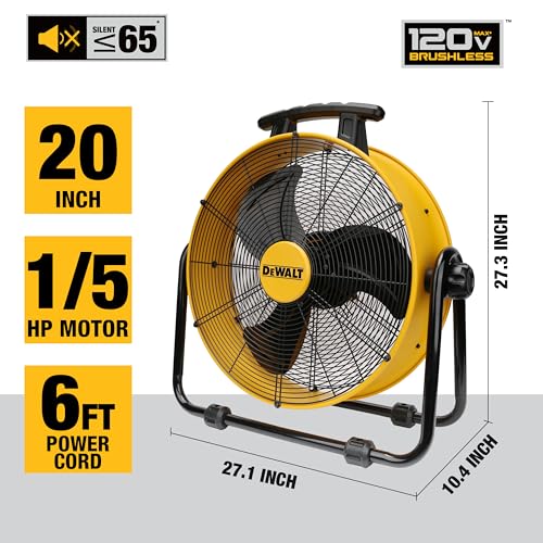 DEWALT 20 Inch Floor Fan, 180° Adjustable Tilting Drum Fan DXF2042 | 5000CFM 3-Speed High Velocity Fan Quick Cooling Portable Metal Industrial fan for Shop/Garage/Gym/Patio/Warehouse Yellow - style: DXF2042