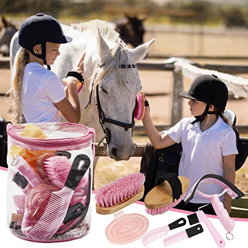Cunhill 9 Pcs Horse Grooming Kit Tack Room Supplies Set with Tote Bag, Oval Massage Curry, Hard and Soft Brush, Hoof Pick, Sweat Scraper, Bathing Sponge, Comb for Horse Rider(Cute,Pink) - color: Pink, style: Cute