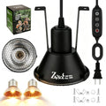5-in-1 Reptile Heat Lamp Fixture Anti-Scald Guard 4.7" Hanging | Dome Light Fixture with Timer & 2 Pack 50W Halogen Warm Yellow Basking Light Bulb for Bearded Dragon, Gecko, Snake, Turtle