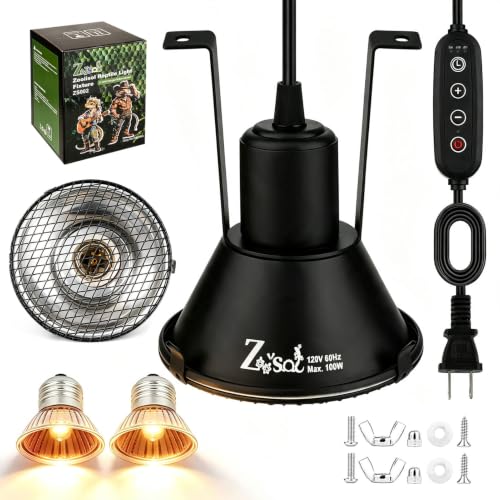 5-in-1 Reptile Heat Lamp Fixture Anti-Scald Guard 4.7" Hanging | Dome Light Fixture with Timer & 2 Pack 50W Halogen Warm Yellow Basking Light Bulb for Bearded Dragon, Gecko, Snake, Turtle