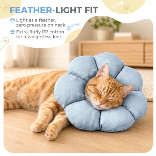 Avont Soft Cat Cone S Grayishblue Post-Surgery Anti-Lick Adjustable | Grayishblue S, Neck 5.9-9.8", Anti-Lick, Breathable, Lightweight, Soft Cotton, Adjustable Drawstring - color: Grayishblue, size: S (5.9" – 9.8")