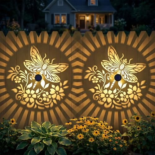 Gardsee Solar Fence Lights Outdoor 2 Pack Deck Step Wall Lights Butterfly Metal Waterproof LED Warm Yellow Light for Garden Post Patio Backyard Yard Decor (Black 3) - style: black 3