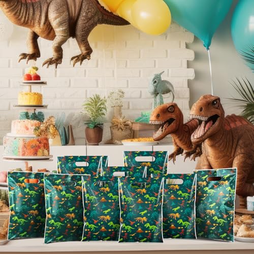 Resurhang 50 Pcs Dinosaur Party Favor Bags Bulk 6.5 x 9.8 Inch Plastic Dino Goodie Treat Gift Bags Funny Candy Cookie Totes for Dinosaur Birthday Party Decorations Supplies Wrap - style: Dinosaur