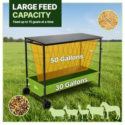 Large Hay Feeder for Goats with Roof, Wheels and Handles, Covered 2-in-1 Galvanized Steel Goat Hay Feeder Trough, 50 Gallon Rack and 20 Gallon Grain for Horse Sheep Cattle Alpacas Livestock