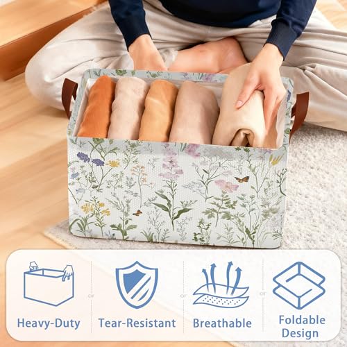 Wildflowers Butterfly Storage Baskets,Plants Botanical Foldable Large Capacity Organizer Bins with Waterproof Lining and Leather Handles for Closet,Shelf,Bedroom 17x11.5x10Inch - color: Wildflowers Butterfly Plants Botanical