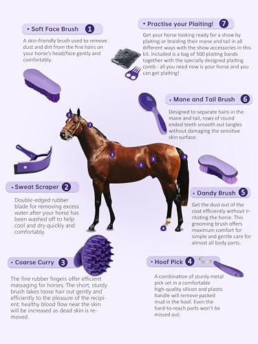 Harrison Howard Horse Grooming Brushes Kit 7 pieces with Organizer Tot Equine Care Series Horse Brush Sets New Purple - color: New Purple