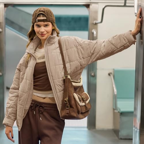 GeGekoko Women's Lightweight Oversized Long Sleeve Zip Water Resistant Packable Puffer Jacket Warm Short Winter Coat - color: Khaki, size: X-Large