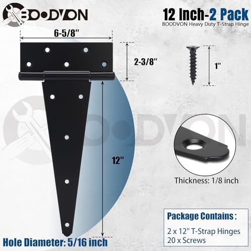 12 Inch T-Strap Gate Hinges, Shed Barn Door Hinges Heavy Duty, Black Tee Hinges for Wooden Fences, Yard Gate, Wrought Hardware Iron Rustproof (2Pack/Set) - size: 12 Inch