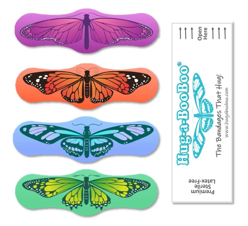 Butterfly Hugs - Premium Adhesive Butterfly Bandages from Hug-a-BooBoo, The Amazing Butterfly Bandages that Hug! Pretty Colorful Butterfies 24 Count Box - size: 24ct, style: Butterfly Hugs