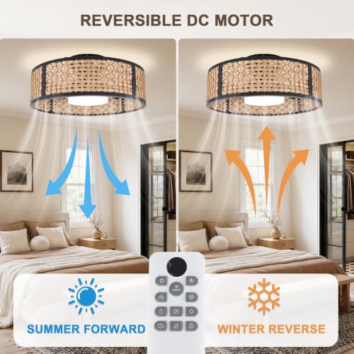 20" Boho Caged Ceiling Fan with LED Light and Remote Flush Mount | Woven Rattan Fandelier Low Profile Small Chandelier for Bedroom Kitchen Living Room 3CCT Dimmable Reversible DC Motor 6 Speed