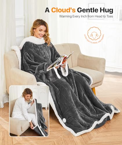 SIHOHAN Portable Heated Blanket with Foot Pockets for Wearable | Heated Throw Blanket, Flannel & Sherpa, 8 Heat Levels & Timer, 50x70 Inch Grey Home Office Travel, Machine Washable - size: 50*60 Grayish White