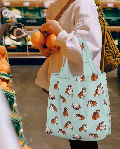 WIRESTER Reusable Grocery Tote Bag for Women, Foldable Shopping Bag, Cute Shoulder Bag, Beach Bag - color: English Bulldog Funny Playful Postures (2)