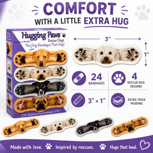 Hugging Paws Bandages from Hug-a-BooBoo, Adorable Dog Bandages that Hug! Fun Novelty Wound Wraps Feature Paintings of Actual Rescue Dogs! Great Dog Lover Gift! French Bulldog, Poodle, Lab, Mix 24 Ct - size: 24ct, style: Dogs