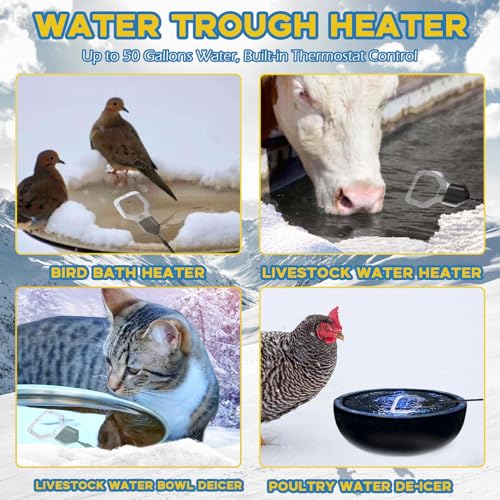 Magoog 500W Chicken Water Heater, 50Gal Chicken Water Deicer for Plastic Waterer, Liverstock Water Heater, Cast Aluminum Submersible De-icer, Bird Bath Heater with Built-in Thermostat Control
