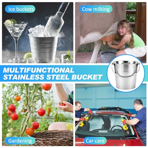 Hicarer 10 Pcs Dog Stainless Steel Bucket Heavy Duty Water Bucket for Dogs Metal Bucket with Handle Small Metal Pail for Pet Cat Puppy Food and Water Storage Milking Goats Small Animals (6.3 Quart)