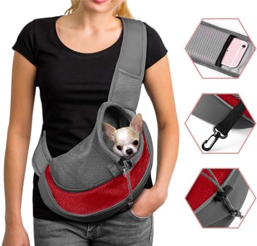 Dog Pet Sling Carrier Puppy Cat Sling Mesh Carrying Bag Adjustable Strap Breathble Small Dog Cat Satchel Carrier Hand Free Safe Front Backpack Soft Foldable Pet Purse Pouch Travel Outdoor - color: Red