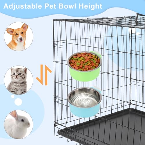 Dog Crate Water Bowl No Spill Removable Hanging Bowls, Blue | Stainless steel + plastic 2-in-1, twist-lock easy install, detachable easy clean, for small dogs/cats/rabbits/guinea pigs - color: Blue+Green