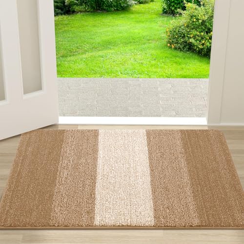 Kitinjoy Indoor Outdoor Door Mat, 30x27 Non-Slip Dirt Trapper Doormats | Camel Low-Profile Washable Inside Entrance Front Floor Mat, Sturdy Soft Entry Striped Doormats for Entryway - color: Camel, size: 30'' X 17''