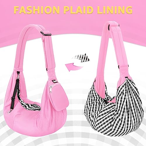 SlowTon Dog Carrier Sling - Thick Padded Shoulder Strap Adjustable, PI, S | Dog Carriers for Small Dogs, Puppy Carrier Purse for Pet Cat with Front Zipper Pocket Safety Belt Machine Washable - color: G-Pink Knitted Fabric