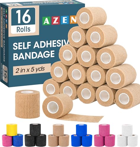 AZEN 16 Pack Self Adhesive Bandage Wrap, 2" X 5 Yards Elastic Cohesive Bandage Wrap, Skin Color Athletic Tape, Vet Wrap, Ankle Tape, Tattoo Grip Tape Wrap - color: Beige, size: 2IN - 16Pack