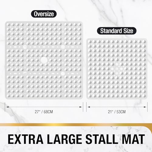 HITSLAM Square Shower Mat 27x27 Inch, Extra Large Non Slip Shower Mats for Inside Shower Stall, Anti Slip Bath Floor Mat with Strong Suction Cups & Drain Holes, Machine Washable, White - color: White
