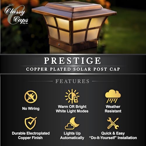 Classy Caps 4x4 Prestige Solar Post Cap - Fits 3.5"x3.5" and 4"x4" Deck & Fence Posts - Electroplated Copper - Warm/Cool Light Color Modes - SL079C - color: Copper