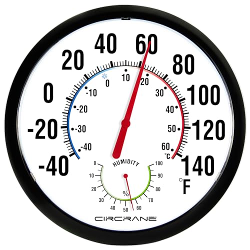 Circrane 13.25 Inch Round Thermometer with Hygrometer, Large Indoor Wall Patio Bimetal Weather Thermometer, No Battery Required, Black - color: Black