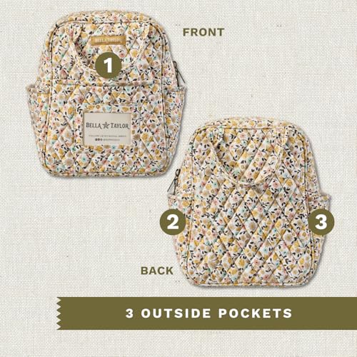 Bella Taylor Lunch Tote, Quilted Lunch Bag, Prairie Meadow | Lightweight quilted cotton lunch box, easy-to-clean PEVA lining, 3 outside/1 inside pocket, durable construction - color: Prairie Meadow