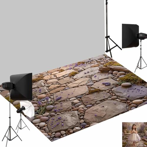 Kate Lavender Stone Photography Floor Mat, Rubber Studio Backdrop 5x4ft | Realistic Flagstone And Pebble Garden With Purple Flowers, Moss And Driftwood For Newborn, Kids, Pet And Product Photo Shoots - color: Cobblestone, size: 5x4ft