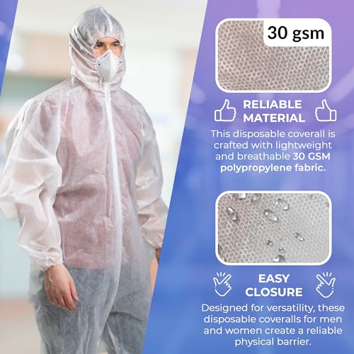 AMZ Medical Supply Disposable Coveralls with Hood and Boots, 3X-Large White, 25 Pack, Lightweight Polypropylene Paint Suit, Zipper Front, Elastic Wrists, Unisex Work Coveralls - size: 3X-Large / 25 Pack