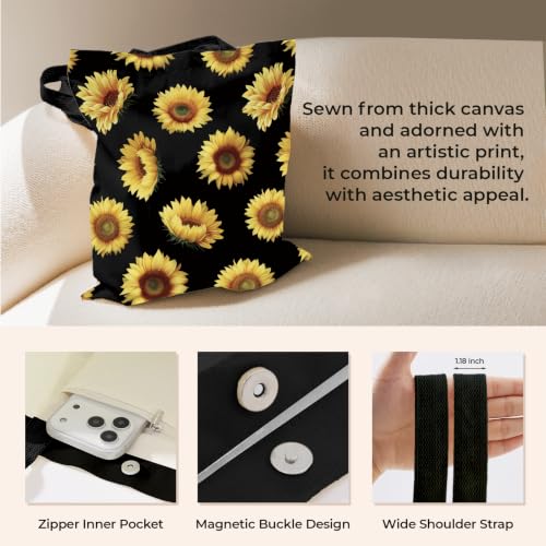 Cute Canvas Tote Bag for Women, Book Totebag with Zipper Pocket - color: Sunflower