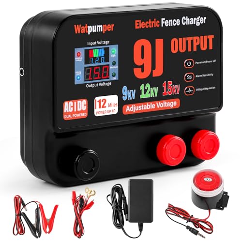 10 Joule Electric Fence Charger, Adjustable 9KV/12KV/15KV Output Voltage | 10 Joule Stored / 9 Joule Output Electric Fence Energizer, Range 12 Miles, 12V DC/100-240V AC Dual Power with Alarm