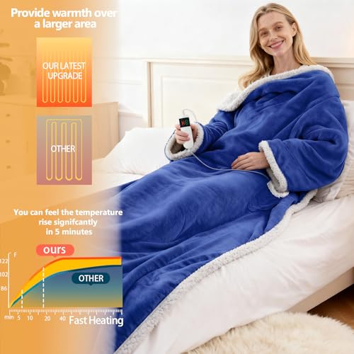 Wearable Heated Blanket With Sleeves & Foot Pocket, Heated Throw Blankets Fast Heating Blanket With 10 Heat Settings Auto Shut Off Over-Heat Protection-Warm Gift, Machine Washable, 52”*72”+18” - color: Blue