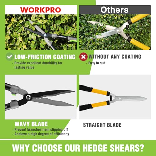 WORKPRO Garden Hedge Shears, 23" Manual Hedge Clippers/Bush Cutter | Gardening Shears with Steel Wavy Blade, Shock Absorbing Bumper, Ergonomic Handle for Pruning Borders & Shrubs - size: 23"