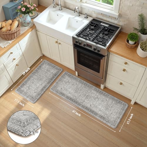 KIMODE Anti Fatigue Kitchen Mat 2PCS,Waterproof Farmhouse Kitchen Rugs Grey | Boho Vintage Kitchen Mat for Floor Non-Slip,Cushioned Comfort Foam Standing Mat for Laundry,Office,Sink,Desk,Dormitory - color: Grey, size: 17.3" x 47"+17.3" x 29"--0.47 inches