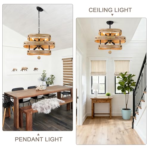 20" Farmhouse Chandelier for Dining Room Light Fixture, 6 Light | Wooden Drum Rustic Chandelier, French Country Pendant Light Over Table for Living Room Foyer Kitchen Island, 6 E12 Sockets - color: 20" Layered