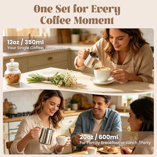 Dailyart Milk Frothing Pitcher Set 12oz/350ml+20oz/600ml Milk Frother Cup | 304 Stainless Steel, Dripless Spout&Internal Scale - Barista Milk Steamer Cup Latte Art Tools for Home, Coffee Shops - size: 12 Ounces + 20.3 Ounces