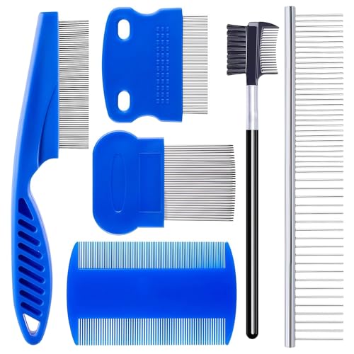 6 Pack Pet Grooming Combs, Stainless Steel Dog and Cat Grooming Combs with Rounded Teeth, Double-Sided Professional Pet Tear Stain Remover for Small, Medium, and Large Pets (Blue) - style: Blue