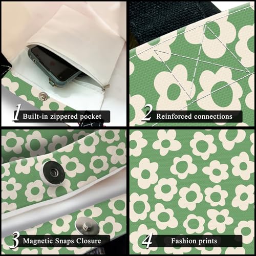 Canvas Tote Bag for Women，Cute Heavy-Duty Shoulder Bag with Zipper Pocket -Travel Tote for Grocery, Gym,Shopping - color: Green Groovy Flower