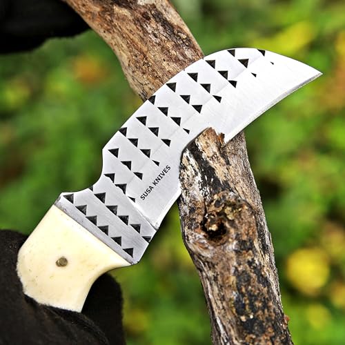 Custom Handmade 7'' fixed blade hoof rasp Hawkbill fixed blade Knife Electricians Knife Lineman’s Hawkbill knife, with pancake leather sheath (BONE) - color: BONE