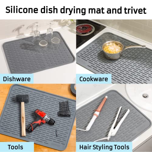 HOTPOP XXL Inches Gray Silicone Dish Drying Mat and Large Trivet - Dishwasher Safe, Heat Resistant, Eco-conscious - Ideal Drip Tray, Mini Fridge Mat, Dish Drainer, Mini Fridge Accessories (24"x18") - style: (24"x18"), Gray