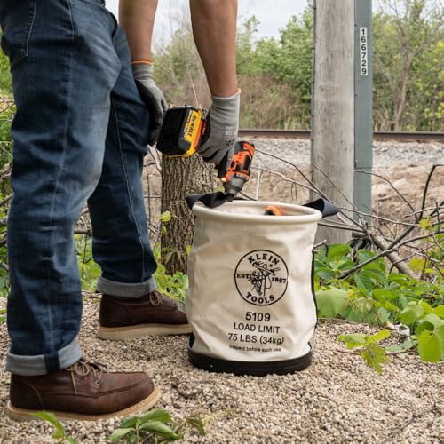 Klein Tools 5109 Canvas Bucket, Wide-Opening Straight-Wall Tool Bucket is Made of No. 6 Canvas with Black Molded Bottom, 75-Pound Load Rated - style: Standard