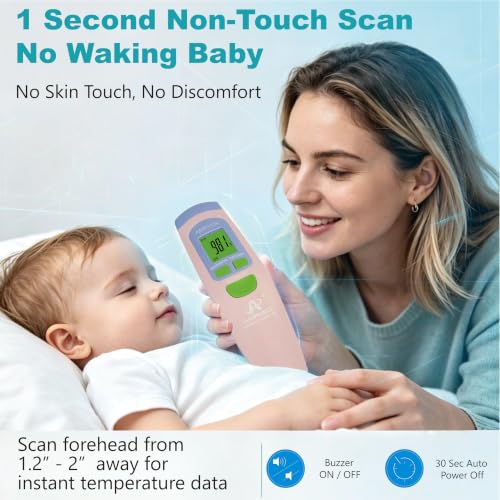 Medical Grade Non-Contact Forehead Thermometer, Pink | With Case, Adults, Kids & Infants, No-Touch, Temporal Fever Thermometer - color: Pink