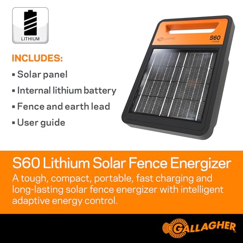 Gallagher S60 Solar Fence Charger | 0.6 Joule Electric Fence Energizer for Livestock, Poultry Netting, Gardens & Wildlife Exclusion | Powers Up to 6 Miles of Fence | Lithium Battery Technology