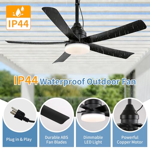 AHAWILL 42" Waterproof Outdoor Ceiling Fan with Light,Hook Hanging | Plug-in,3CCT Dimmable Light,6 Speeds,Remote Control,Reversible DC Motor,Hanging Outdoor Gazebo Fan for Patio,Porch,Pergola