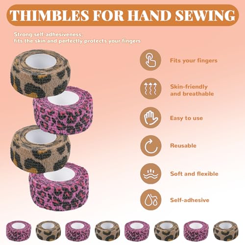 8 Pack Leopard Print Thimble Tape Set, Brown & Pink Self-Adhesive Finger Protection Wrap for Hand Sewing Custom Moldable Craft Guard with Tear-by-Hand Convenience - color: Leopard