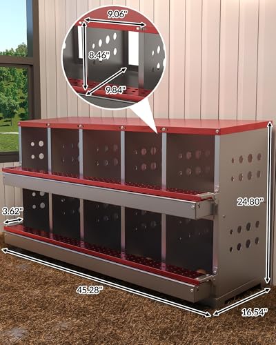 Galvanized Steel Chicken Nesting Boxes, 10-Hole Laying Boxes with Front Egg Tray ＆ Vent, Roll Away Nesting Box for Hens, Includes 10 Training Eggs, Red - color: Red