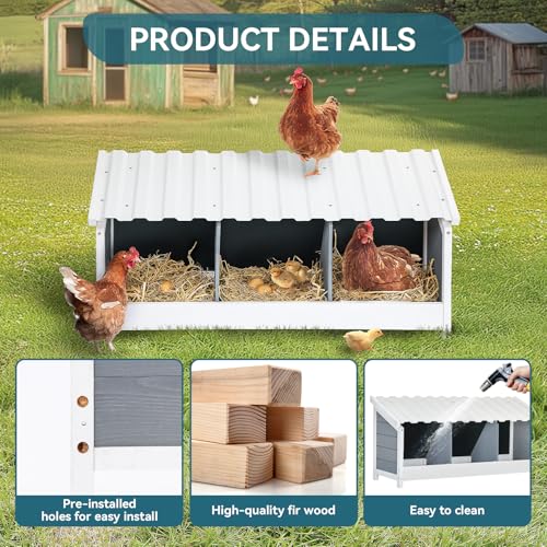 PETSFIT 3 Holes Chicken Nesting Box, PVC Waterproof Roof, Privacy Cover | Wall Mounted or Floor Use, Natural Fir Wood, Easy to Assemble and Clean, For Backyard Coops and Farms, Fits Standard Hens - size: 3 Holes